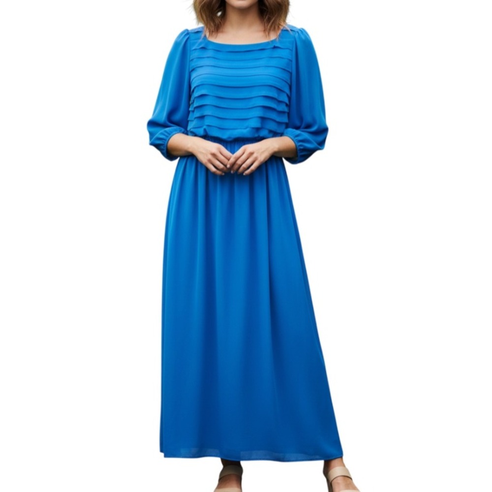 Vtg MISS ELLIETTE Royal Blue Pleated Blouson CHIFFON Party Dress 36" Bust M